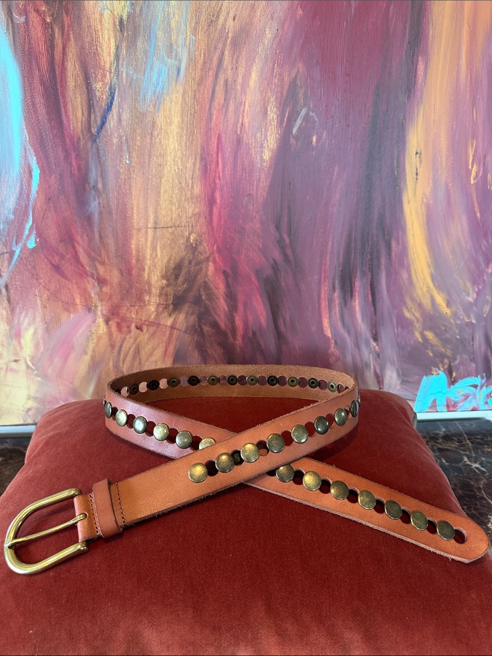 Women's Brown Leather Stud Belt with Antique Brass Accents